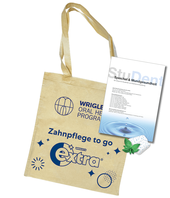 WOHP Zahnpflege to go Tasche mit einem StuDent-Skript und Kaugummi